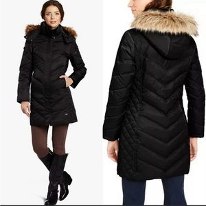 Kenneth Cole Long Chevron Down Puffer Jacket with Removable Faux Fur Hood